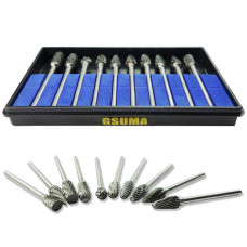 GSUMA 10 Pcs Carbide Rotary Carving Burrs Cutter Tungsten Steel Solid Double Cut Die Grinder Burrs Set with 1/8"(3mm) Shank Drill Bit Fits for Dremel Rotary Tool